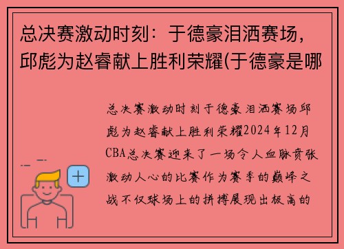总决赛激动时刻：于德豪泪洒赛场，邱彪为赵睿献上胜利荣耀(于德豪是哪个队的)